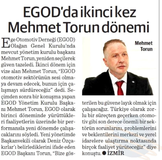 Dünya Gazetesi 03.04.2024 - EGOD'da İkinci Kez Mehmet Torun Dönemi