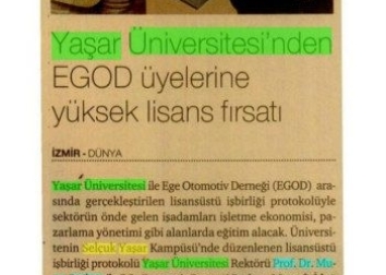 Yaşar Üniversitesi Yüksek Lisans Protokolü