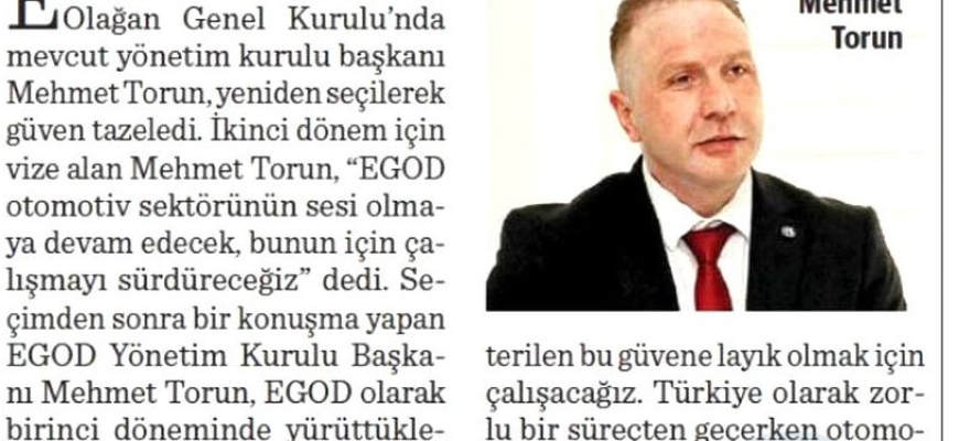 Dünya Gazetesi 03.04.2024 - EGOD'da İkinci Kez Mehmet Torun Dönemi